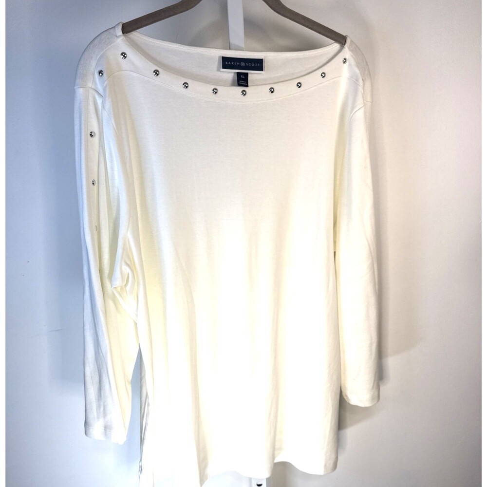 Karen Scott Women's Top Ivory Silver Studded Accents 3/4 Sleeve XL 100% Cotton